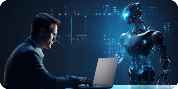 AI development services illustrated by a software developer working alongside a humanoid AI robot