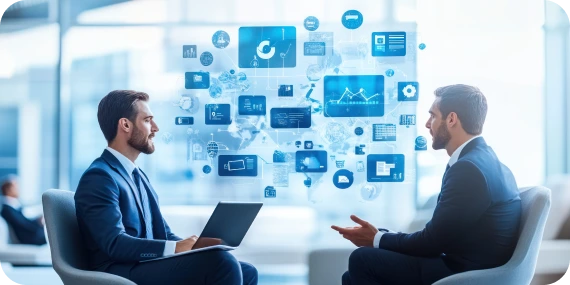IT consulting services represented by business professionals discussing technology solutions and digital systems