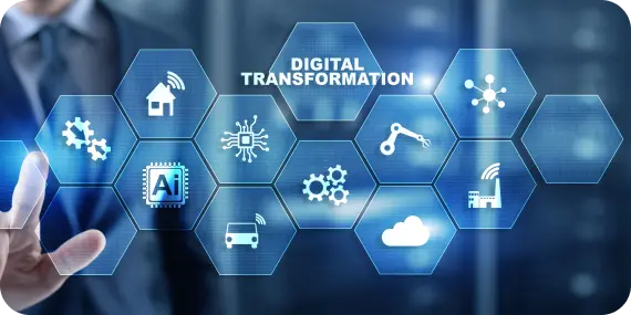 Digital transformation consulting services illustrated by connected cloud, automation, and business technology icons