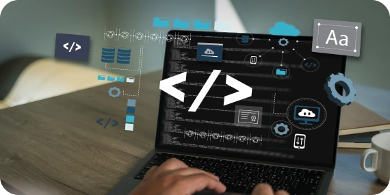 Web development services represented by a laptop displaying code, website interfaces, and development tools
